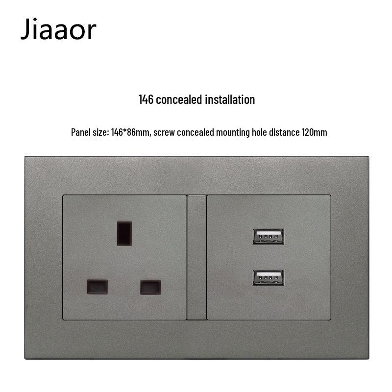 Серый британский стандарт двойная розетка с выключателем с USB и Type C - совместимая с Гонконгом/Макао, скрытого типа 86