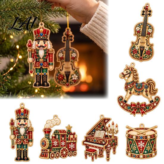 Nutcracker Decorations 6Pcs/Set Wooden Christmas Hanging Ornaments Retro Rocking Horse Train Decorations Classic Tree Pendants Seasonal Piano Violin