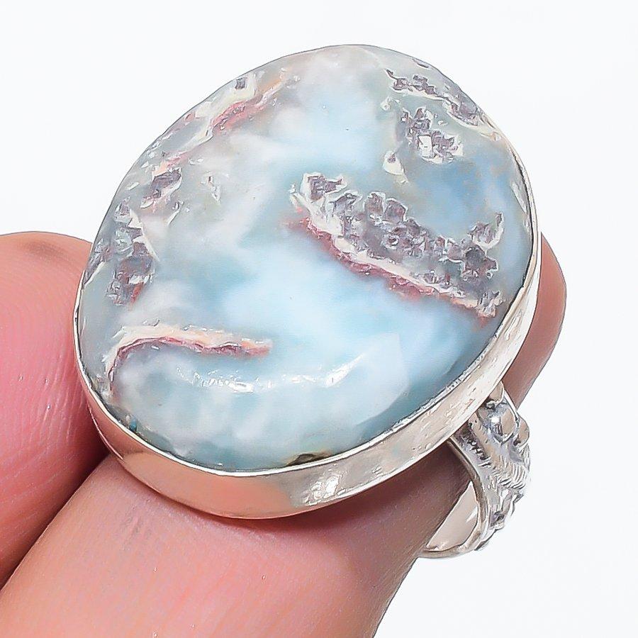 Natural Larimar Gemstone Handmade 925 Sterling Silver Jewelry Ring Size 7 J3J54
