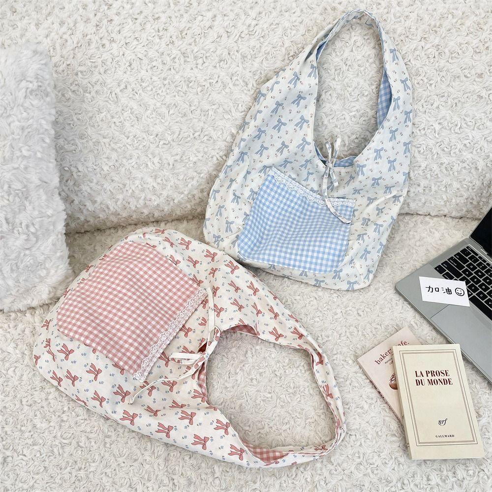 Fairy Bowknot Vest Bag Large Capacity Canvas Tote Bag Casual Floral Plaid Shoulder Bag  Outdoor