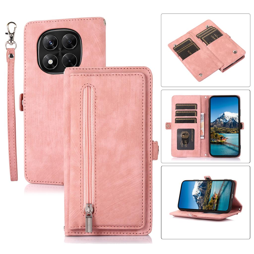 Phone Case For Xiaomi Redmi Note 14 Pro 5G/Note 14 Pro+ 5G/Poco X7 5G ,Zipper Pocket 9 Card Slots PU Leather Cover with Wrist Strap