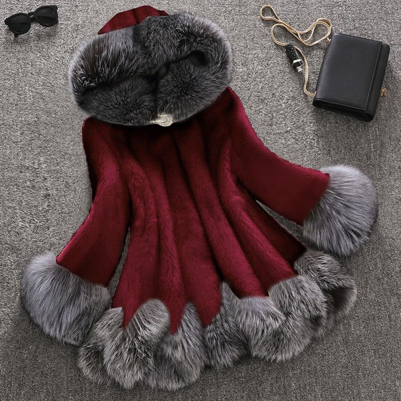 Autumn and Winter Fur Coat Coat Women's Mid-length Mink Fur Fox Fur Collar Imitation Fur Ladies Coat