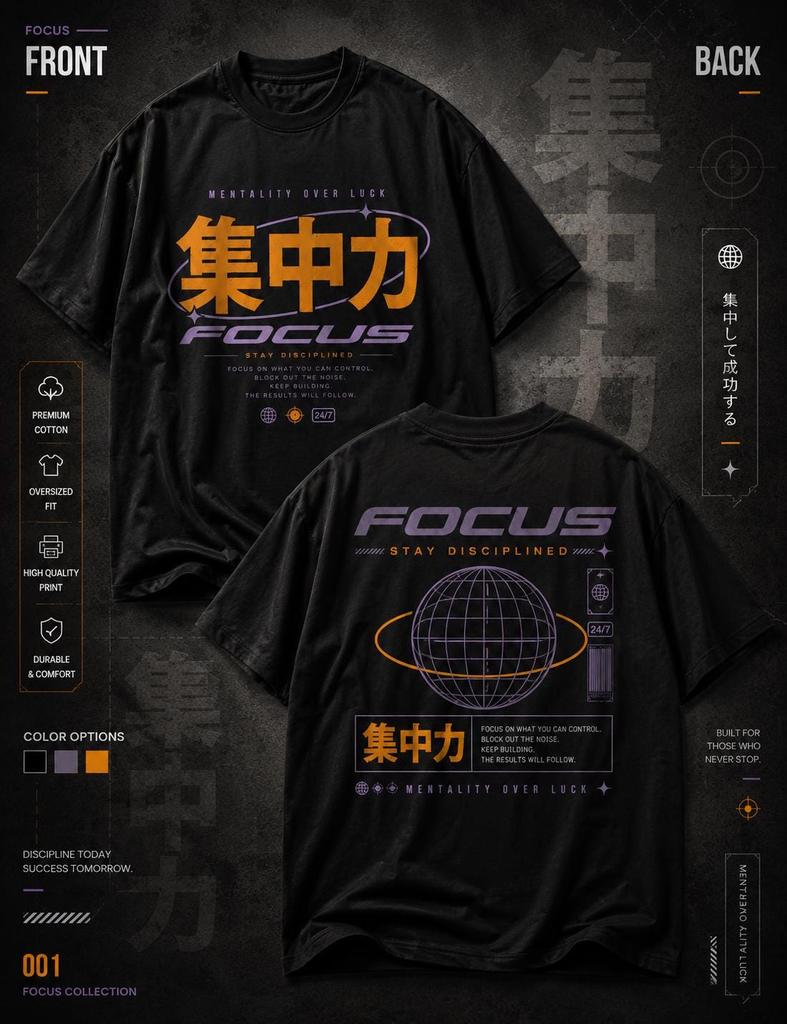 Japanese Streetwear Focus T-Shirt, Mentality Over Luck, Oversized Black Tee
