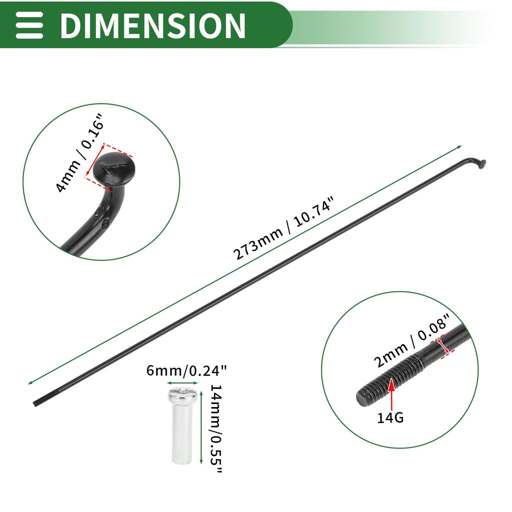 Motoforti Универсальные спицы для велосипеда, Спицы для велосипедного колеса, 14G, Длина 273 мм, Углеродистая сталь, Черный, 1 комплект
