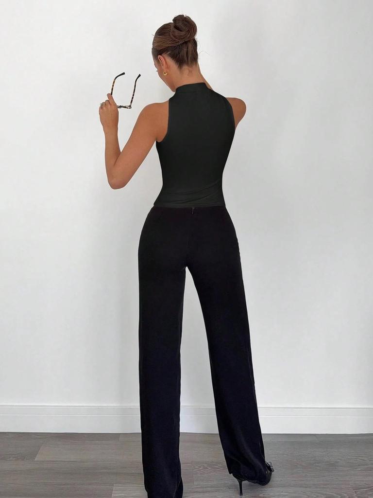 2025 Весна/Лето Женский Топ с высоким воротом, металлическим кольцом, без рукавов, с открытыми плечами, эластичный жилет