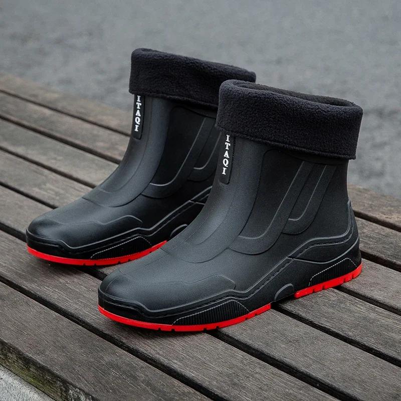 Модные резиновые сапоги для пар, бархатные теплые поварские туфли средней высоты, износостойкие нескользящие водонепроницаемые туфли, рабочая обувь для мытья автомобиля, дождевые туфли для мужчин