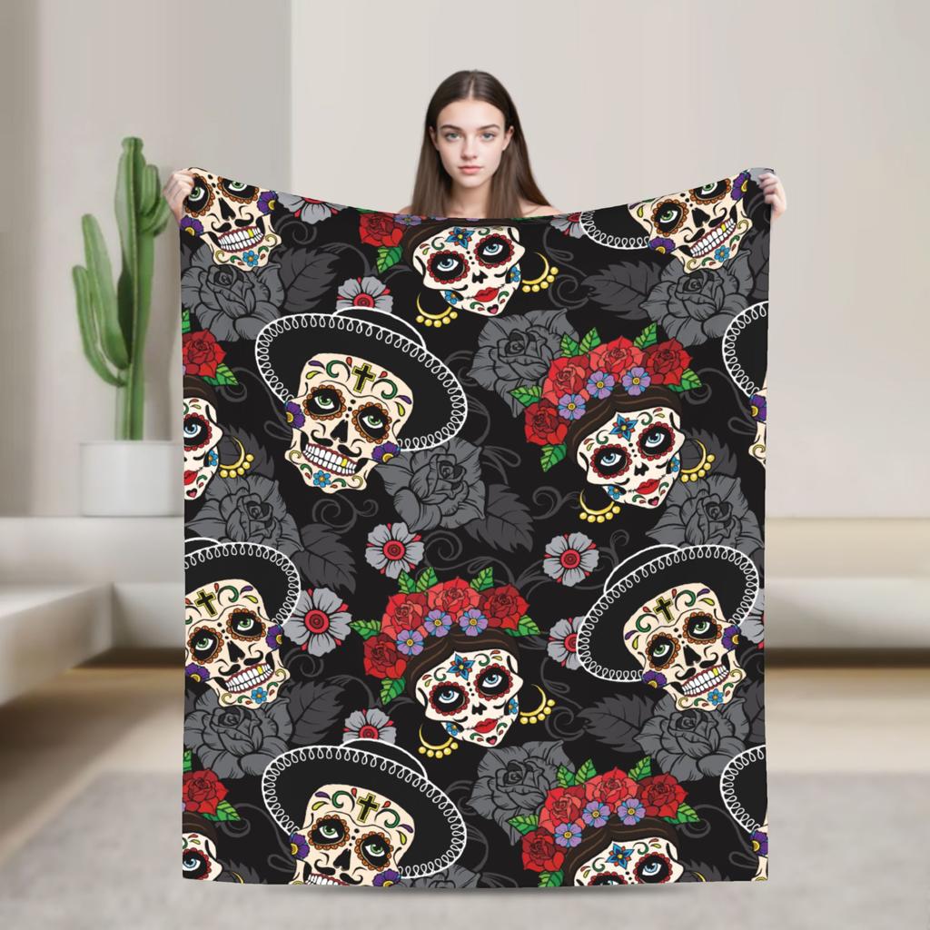 Sugar Skull Day of the Dead Blankets Gothic Mexican Skeleton Halloween Flannel Funny Warm Throw Blankets for Home Spring/Autumn