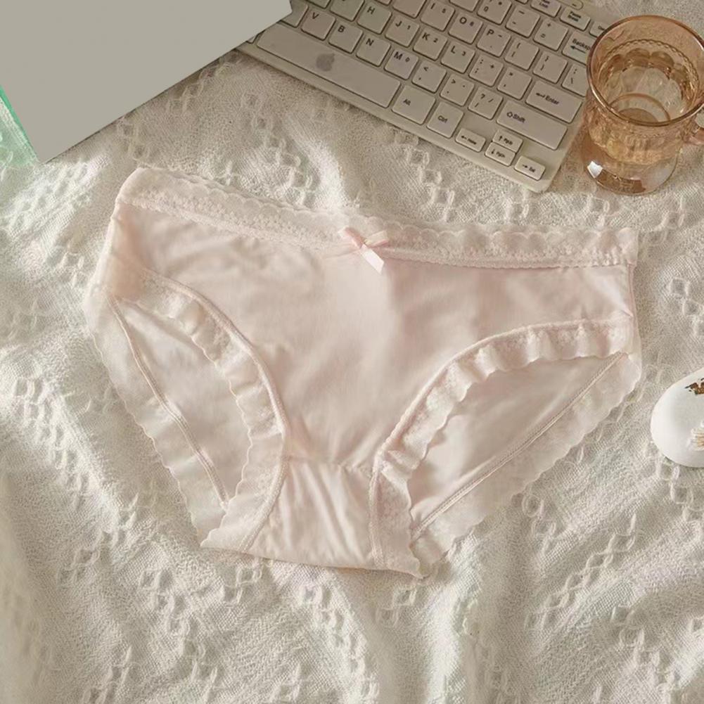 Women Panties Seamless Lace Bow Decor Soft Solid Color Elastic Thin High Waist Quick-drying Breathable Anti-septic Lady Underpan