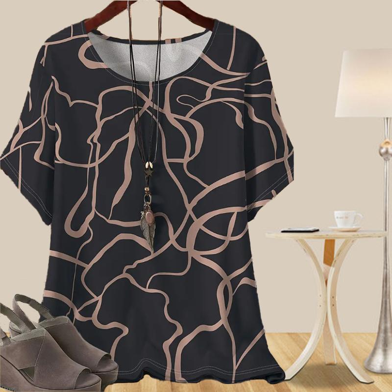 Women's Fine Casual Loose Spring Shirt Women's Short Sleeve Feather Lines Printed Tops