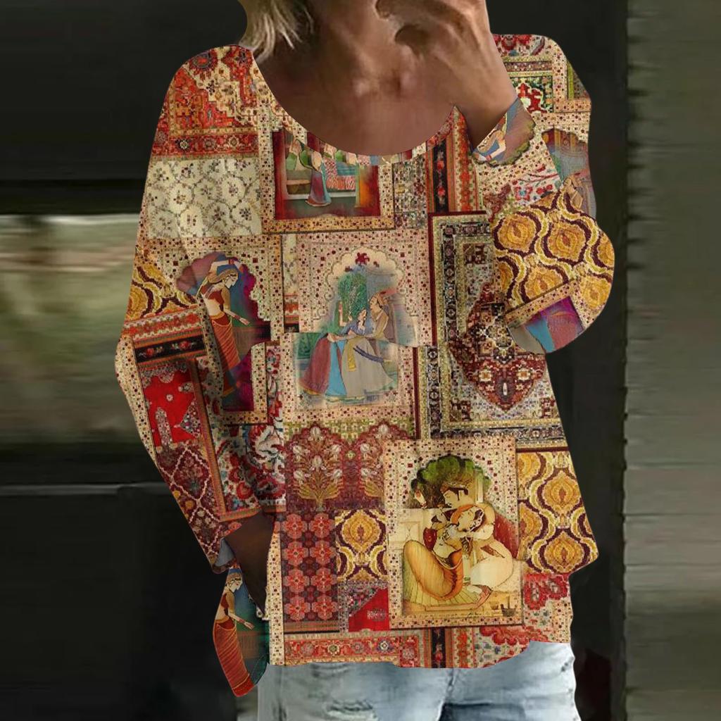 Женский повседневный модный свободный топ с круглым вырезом и цветочным принтом, с длинным рукавом