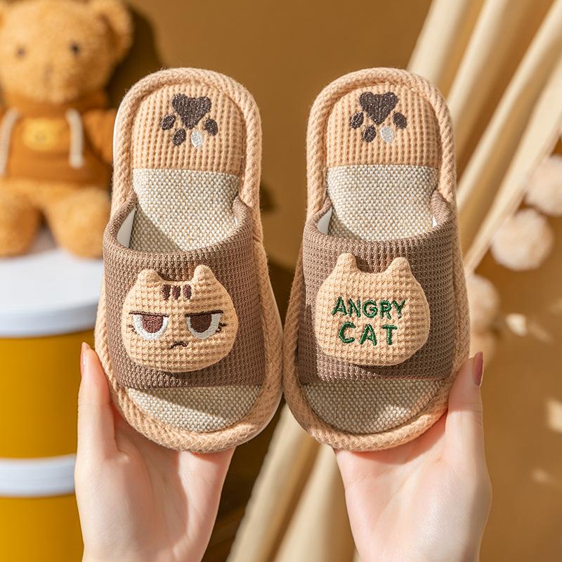 Spring and Autumn Children's Linen Slippers Women's Four Seasons Household Soft Bottom Baby Slippers Cartoon Dinosaur Parent-Child Children's Slip