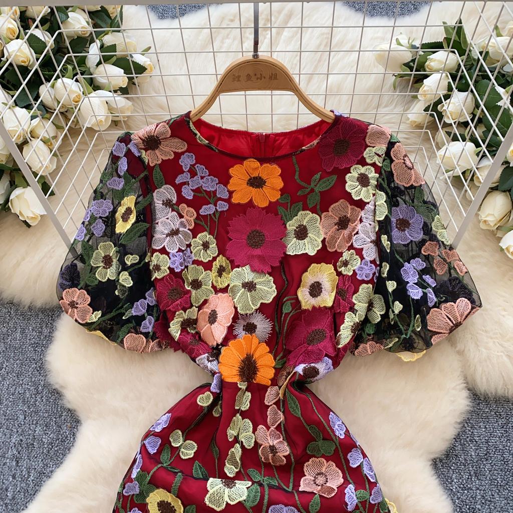 Элегантное цветочное вышитое О-образное платье в стиле винтаж с коротким рукавом и фонариком, шикарное облегающее платье-русалка, французская вечерняя женская одежда для улицы