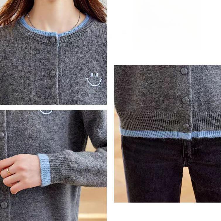 Knitted Cardigan Women's Autumn and Winter Round-neck Sweater Coat Color-blocked Cardigan Loose Short Fake Two-piece Top