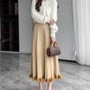 Fashion Autumn Winter Women Warm Midi Knitting Skirt High Waist Black Gray Apricot Khaki Brown Knitted Ruffles Skirts