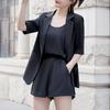 Women 3 Piece Blazer Outfit Short Sleeve Open Front Blazer Sleeveless Tank Top Shorts Set One Button Suit Jacket Business Set