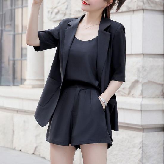 Women 3 Piece Blazer Outfit Short Sleeve Open Front Blazer Sleeveless Tank Top Shorts Set One Button Suit Jacket Business Set