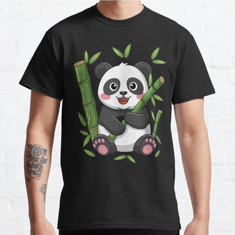 Summer Men Fashion Casual Shirts Short Sleeves Adorable Panda Eating Bamboo Black Tees Oversized T-shirts