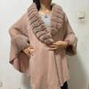 Women Party Overcoat Cashmere Long Sleeve Outstreet Poncho Cloak Winter Faux Rabbit Fur Big Striped Collar Knitted Cardigan Cape