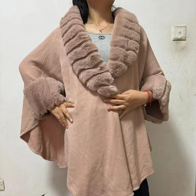 Женское вечернее пальто из кашемира с длинным рукавом, уличное пончо, зимний плащ из искусственного меха кролика с большим полосатым воротником, вязаный кардиган, накидка