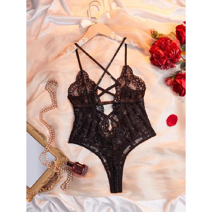Sexy Lace Bodysuit Women Deep V Cut Out Backless See Through Top Layering Outfit Teddy Lingerie Date Night