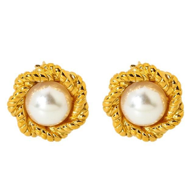 European and American retro inlaid with imitation pearl gold twist edge texture earrings, earrings plated with 18k gold earrings, advanced sense