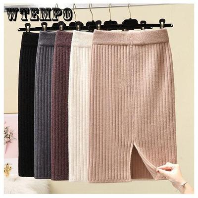 Толстая вязаная юбка с разрезом, женская плотная эластичная облегающая юбка, осенне-зимняя мини-юбка-карандаш