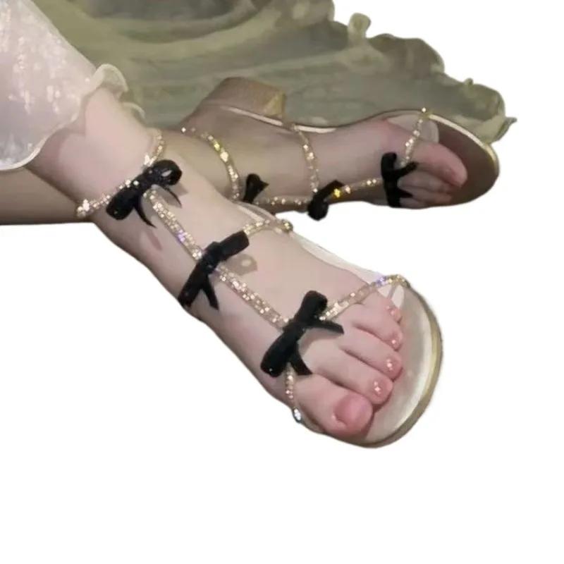 Fashion 2025 Summer Women's Sandals New Fashion Buckle Strap Dress Sandals Crystal Bow Tie Square Heel Round Toe Outdoor Shoes Female