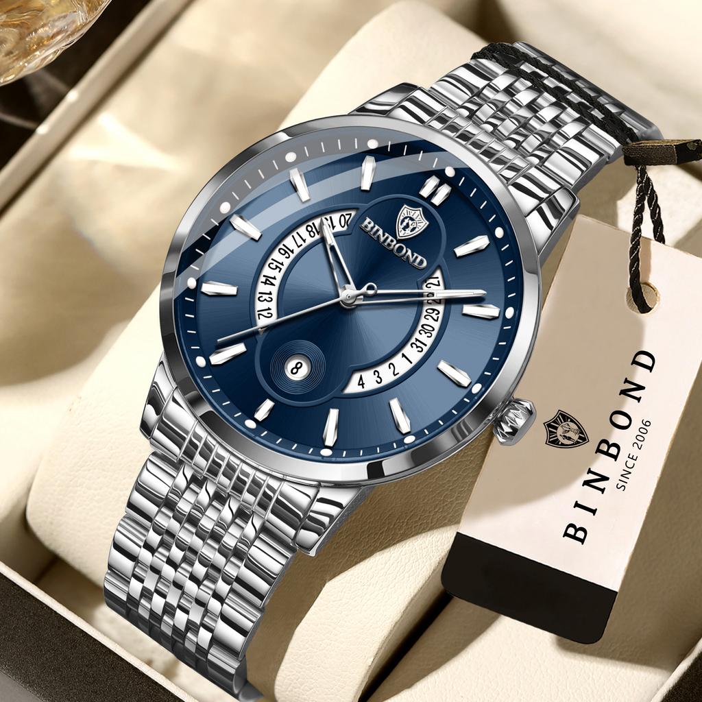 BINBOND Luminous Waterproof Reloj Auto Date Accurate Men's Watch Sturdy Stainless Steel Strap Quartz Wristwatches For Men Luxury