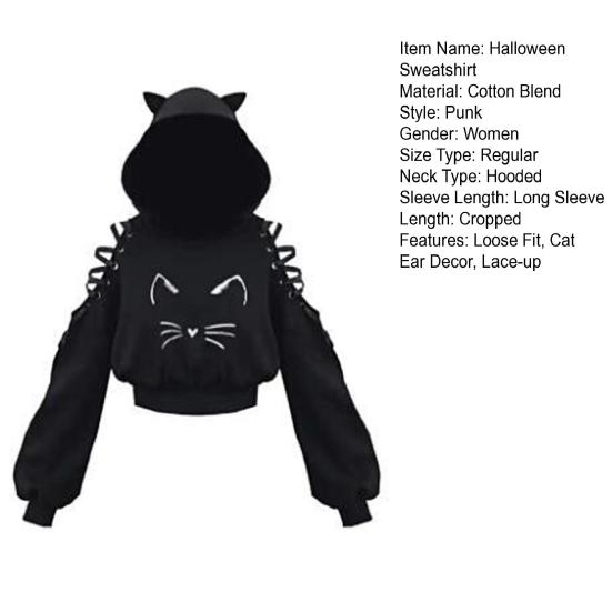 Осенняя женская свободная посадка на Хэллоуин, спортивная толстовка с капюшоном, на шнуровке, с открытыми плечами, с длинным рукавом, с кошачьими ушками, укороченная толстовка с капюшоном