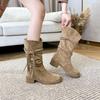 Thick-soled Boots Female Waste Retro Style Knight Boots Soft Leather Frosted Fringed Hemp Rope Thick Heel Western Cowboy Stacking Boots
