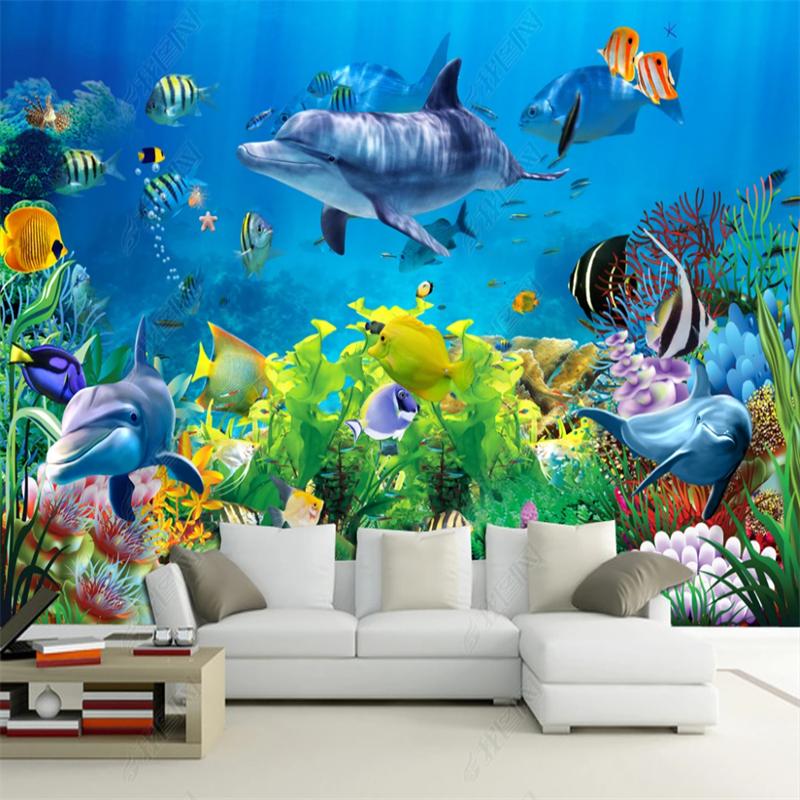 Photo Mural 3D Underwater World Wall Mural Dolphin Fish Coral Children Room Living Room TV Background Wall Home Decoration