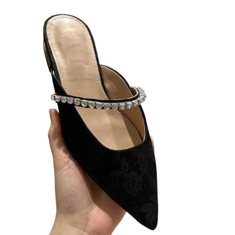 Мода 2024 года, высококачественные женские туфли с закрытым носком, женские тапочки, модные тапочки с кристаллами, женские сексуальные тапочки с острым носком для женщин