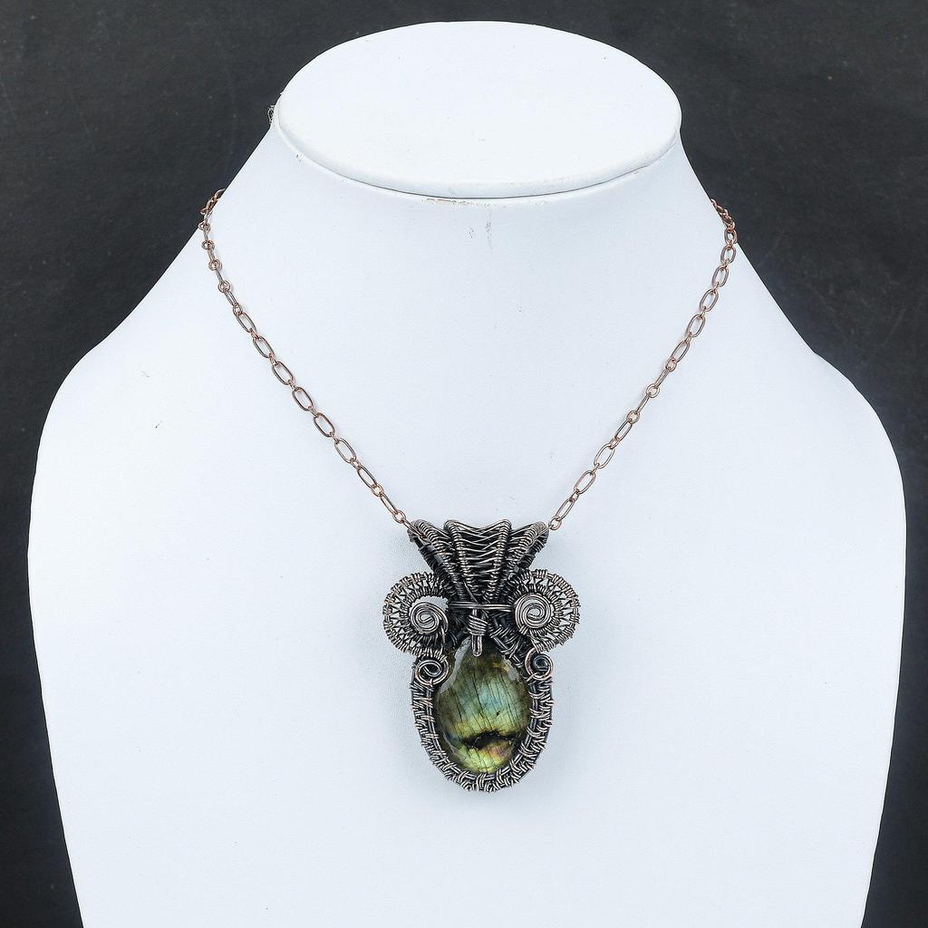 Медный кулон с лабрадоритом, обернутый проволокой, ювелирные изделия из драгоценных камней, стильный кулон, медные украшения ручной работы, лечебный камень, ювелирные изделия из лабрадорита для нее