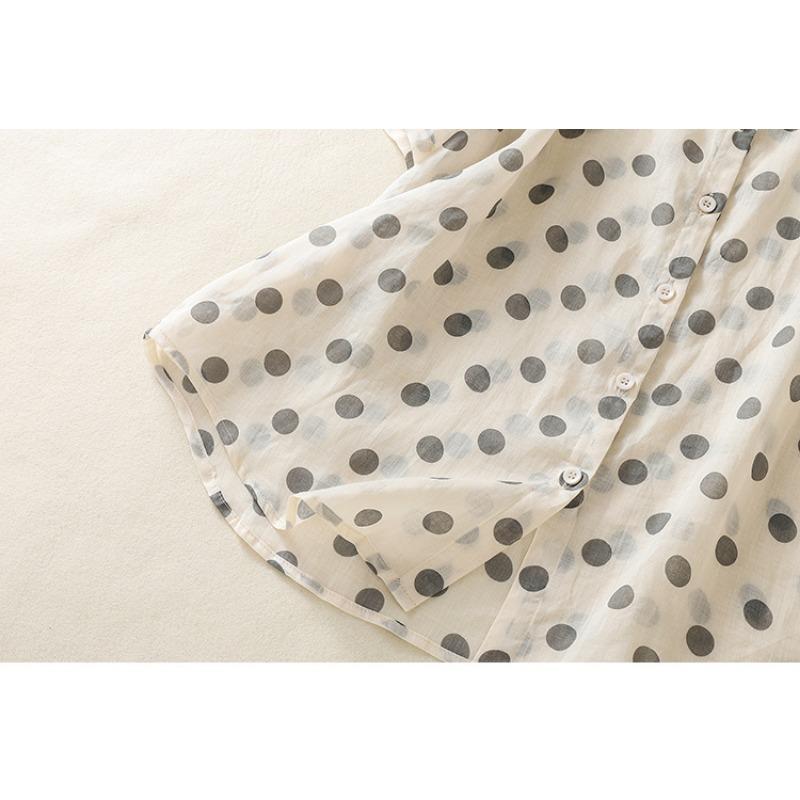 Летняя рубашка в горошек из хлопка и льна с принтом, кардиган с короткими рукавами и лацканами, рубашка, топ для женщин, блузки и рубашки