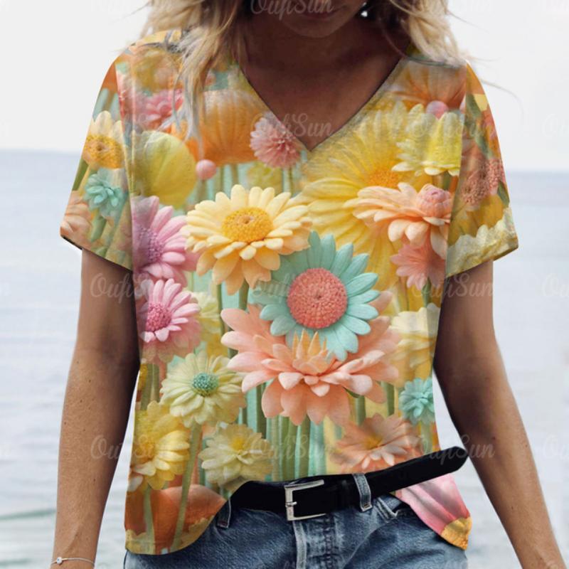 2025 Женская футболка Летняя 3D Цветочная футболка Женская одежда больших размеров Дизайнерская рубашка с коротким рукавом Женская блузка с V-образным вырезом