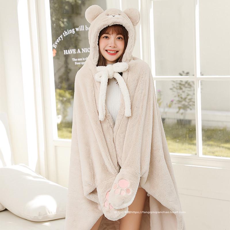 Уютная шаль с кроличьими ушками для осени и зимы - Толстое, милое одеяло для офиса, студентов или для сна