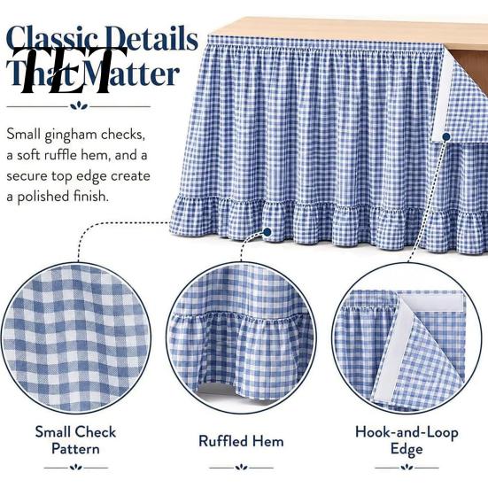 Plaid Table Skirt for Classroom Ruffled Skirt, Durable Polyester Cover with Hook And Decorative Skirting Parties Loop Fasteners, Desk Party