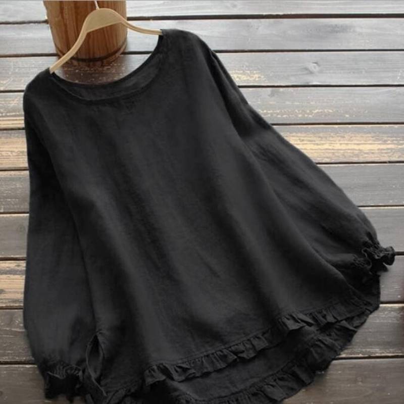 Cotton Linen Blouse With Ruffle Hem And Loose Fit For Casual Women