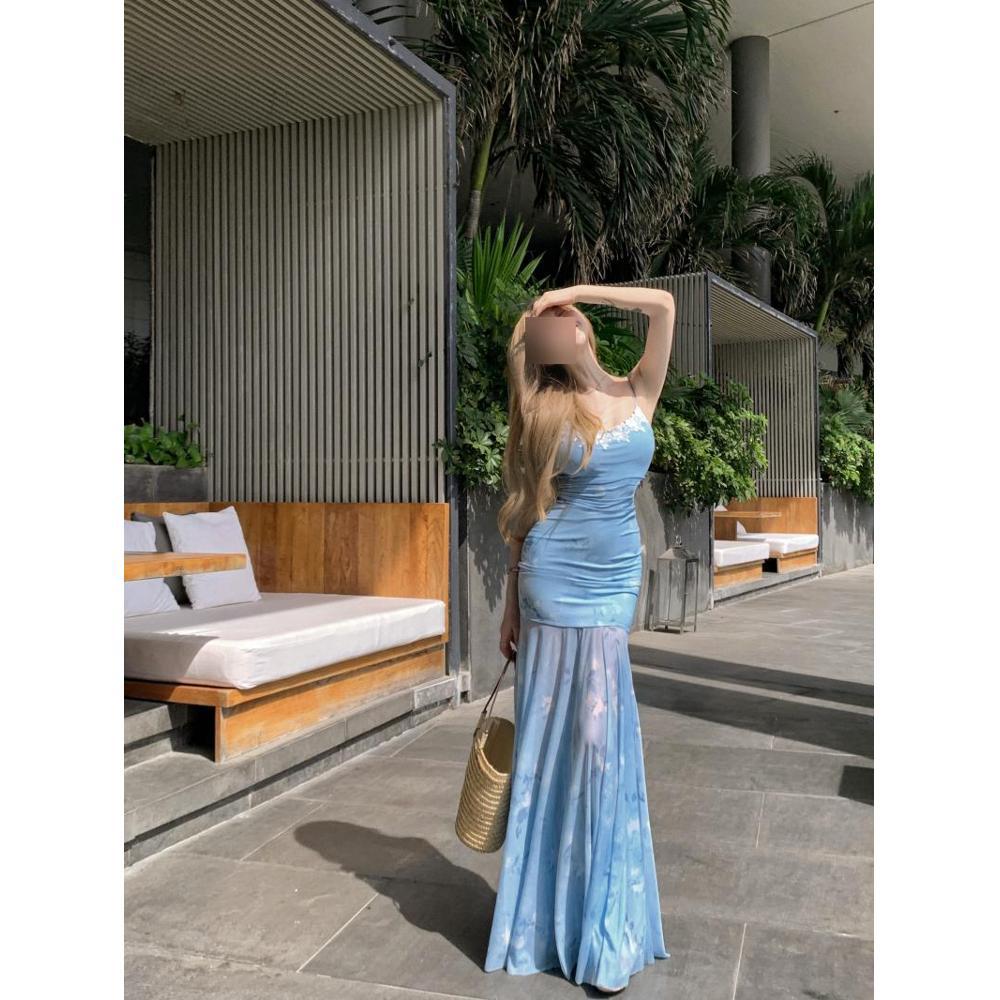 Курортная синяя пляжная юбка, летнее сетчатое платье-майка, нежный темперамент, подчеркивает фигуру, талию и бедра