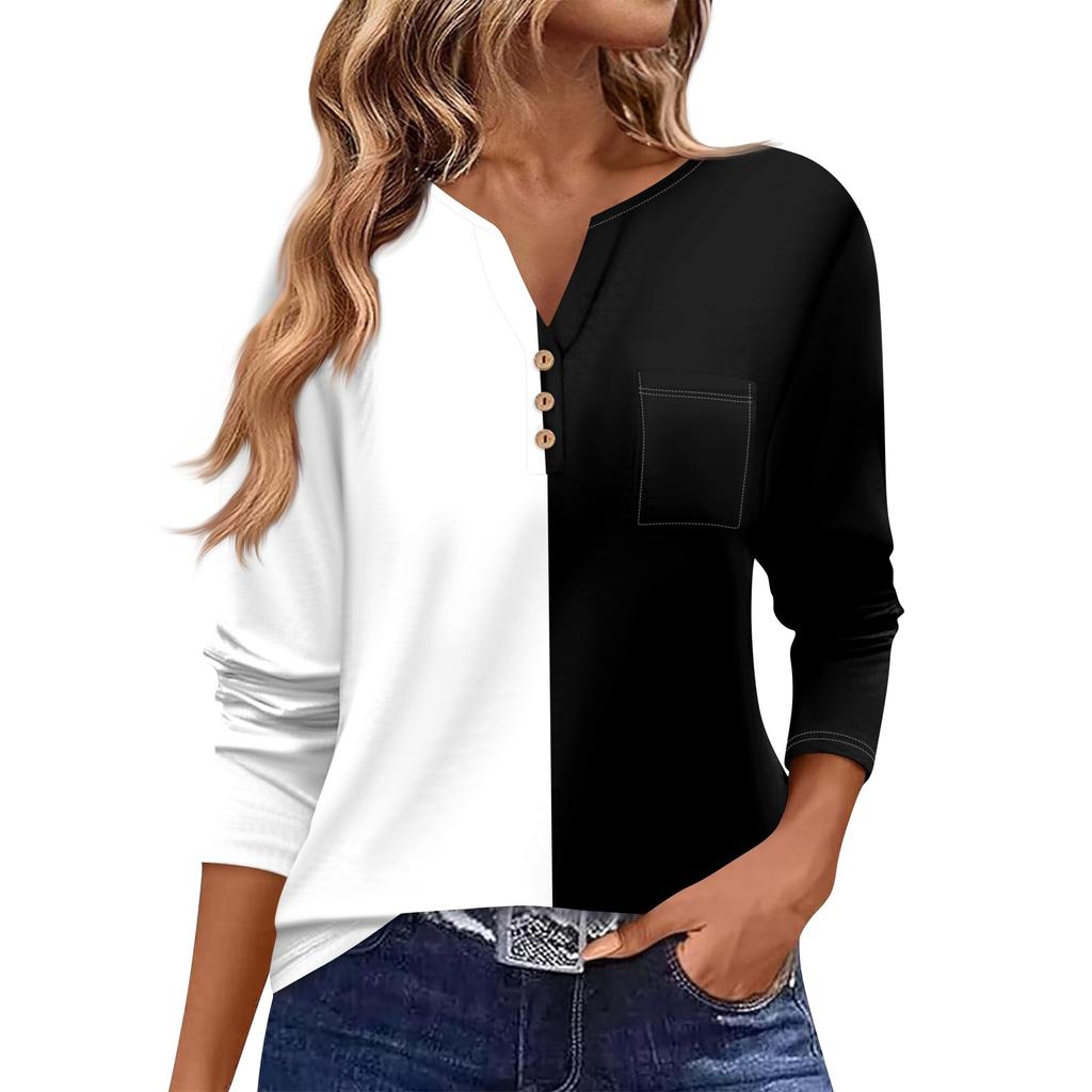 Женская футболка с длинным рукавом на пуговицах, повседневная, выходного дня, модная, базовая, с V-образным вырезом, обычная, с карманом
