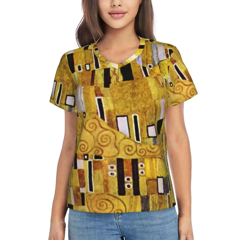 Gustav Klimt T Shirt The Kiss Hip Hop T-Shirts Women V Neck Basic Tops 2024 Beach Short Sleeve Pattern Clothes