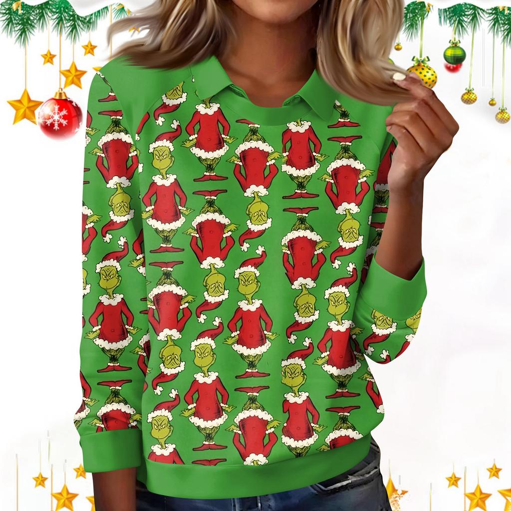 Women's Fashion Christmas Print Lapel Long Sleeve Casual Crewneck T-Shirt Top