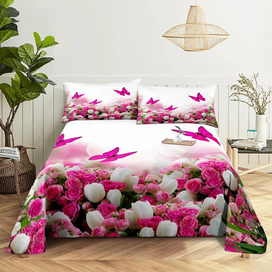 Pink Floral Bed Sheet Set Pillowcase Bedding Linens Cover Flower Queen King Twin Full Size for Single Double Bed Soft Thin