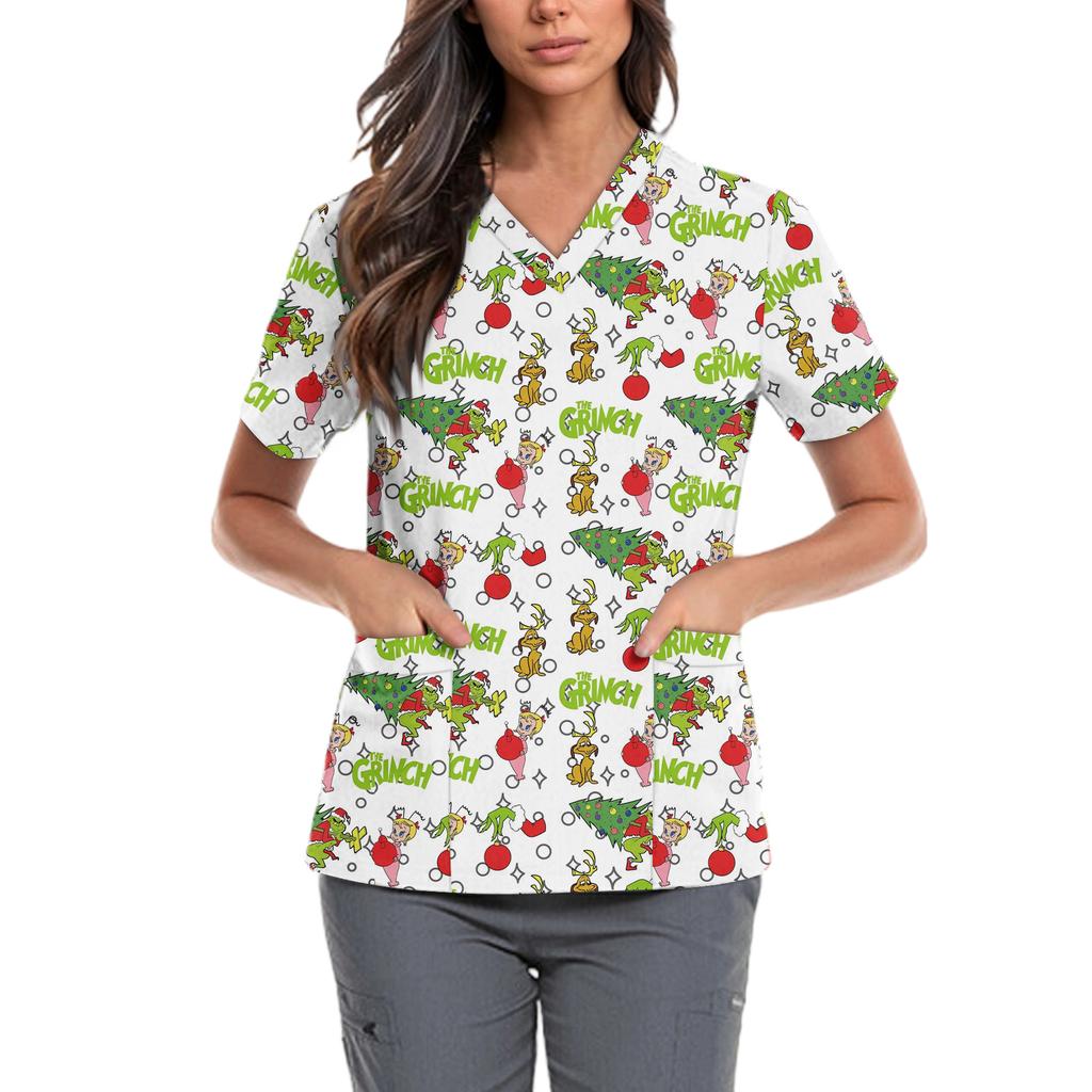 Женская милая блузка с принтом бантиков, рабочая одежда, V-образный вырез, двойной слой, карманы, базовая, с коротким рукавом, пуловер