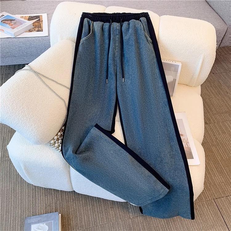 Женский весенне-осенний комплект Студенческий лоскутный джинсовый топ + брюки широкого покроя Комплект из двух предметов