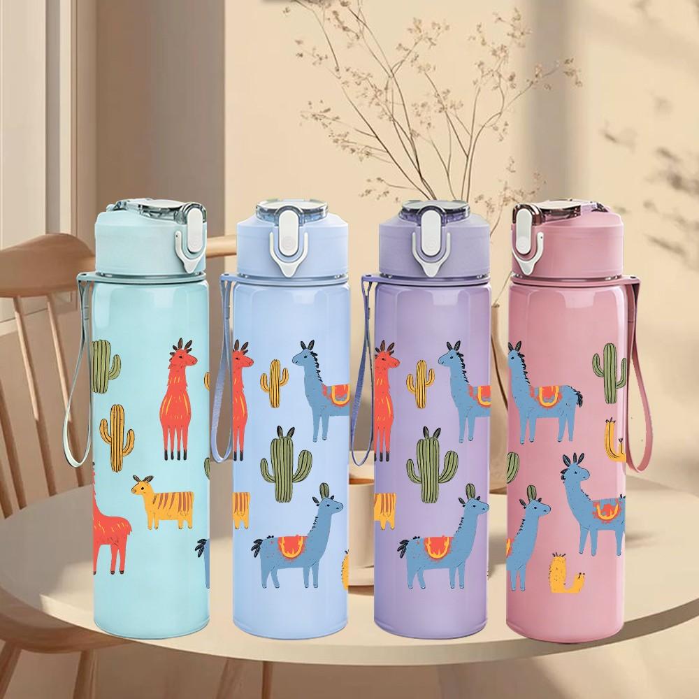 1PC Multi Llama Cactus Desert Pattern 750ml Color Plastic Sports Water Bottle Leakproof Flip Straw Lid Suitable for Sports Office Home Use