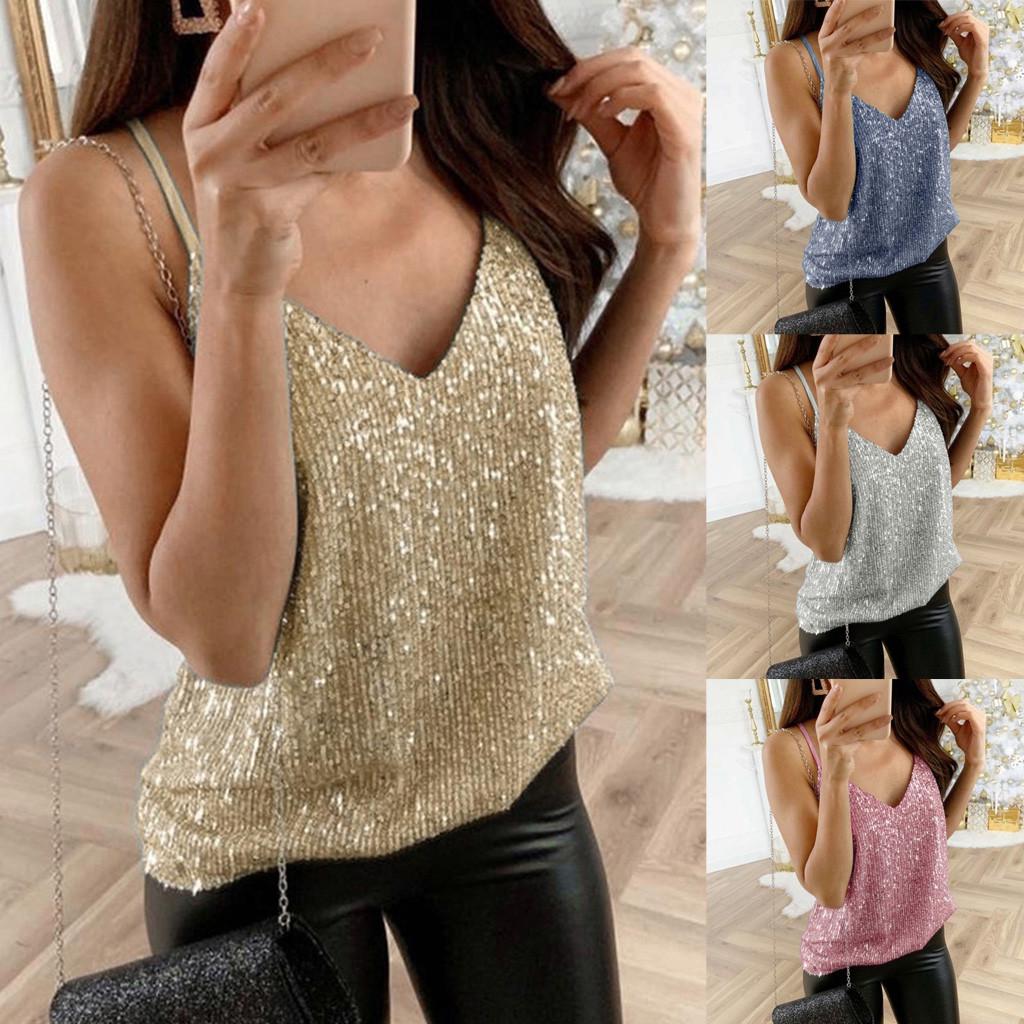 Womens Glitter Strappy Tank Tops Ladies Sexy  Cami Swing Vest Clubwear