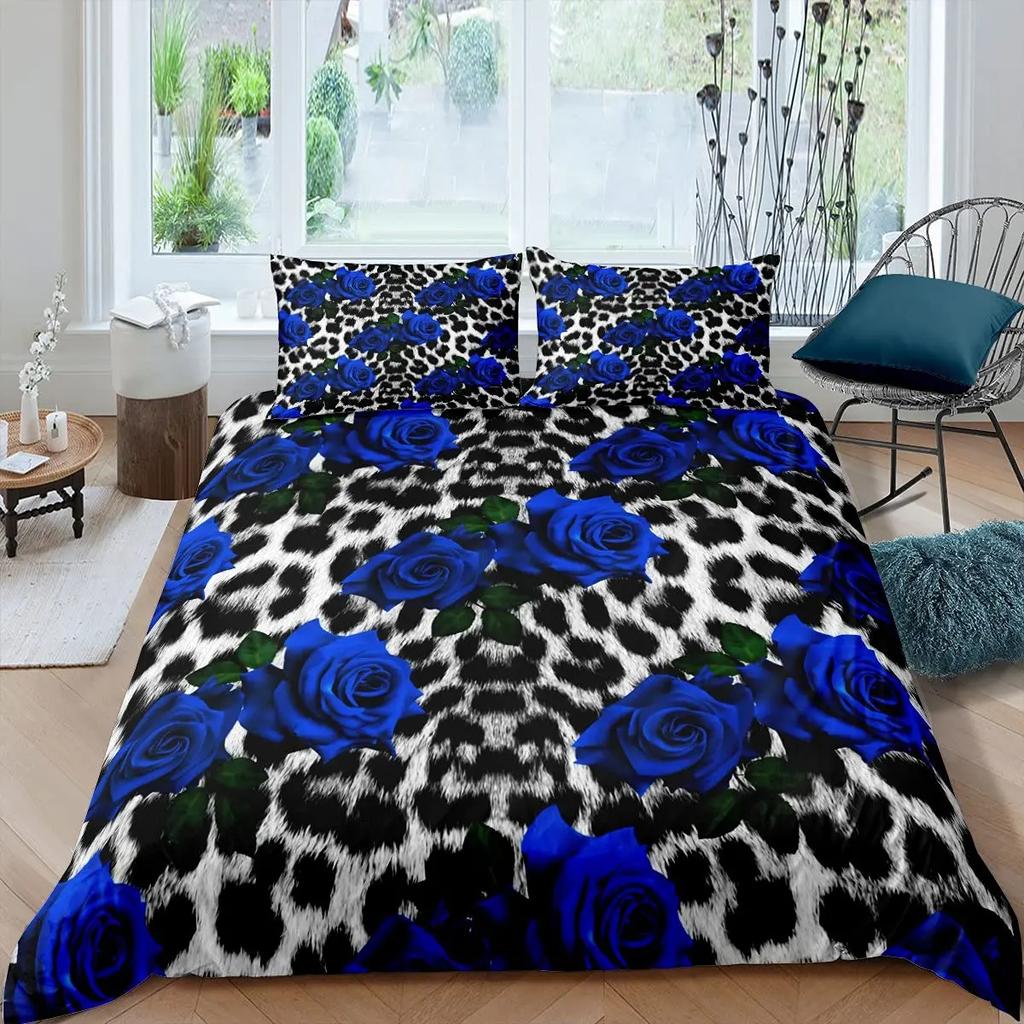 Blue Rose Duvet Cover Set King Size 3D Printed Blossom Flowers Bedding Set Valentine'S Day Botanical Polyester Comforter Cover