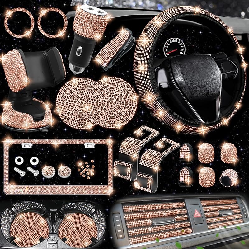 NBTEPEM 27-Piece Bling Car Accessories Set - Universal Fit Steering Wheel Covers, License Plate Frames, Phone Holder, Car Fast Charger, Coasters