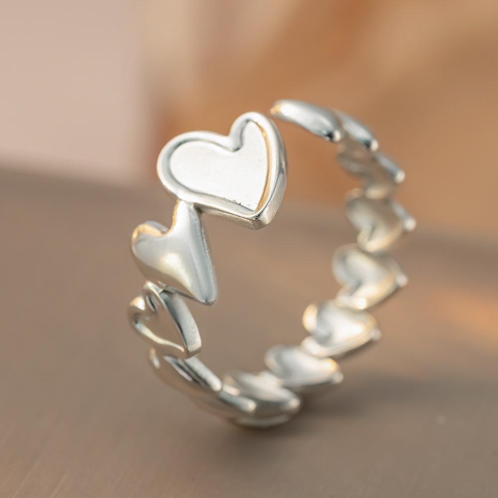 Heart‑Connect‑Heart Open Stainless‑Steel Ring, Cold‑Tone Versatile High‑End Women Ring